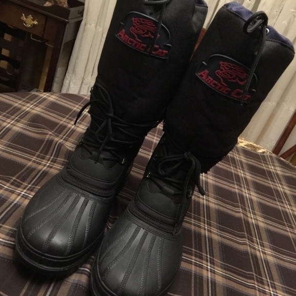 Arctic Cat Snowmobile Winter Duck Boots Men\'s Size 9 Rubber Toed Black Blue EUC